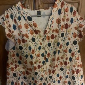 Luxe Autumn Leaf Print Women's Blouse - Orange, Blue, Cream